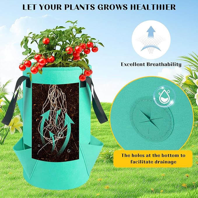 5 Pack Upside Down Strawberry Hanging Planter, 3 Gallon Tomato Hanging Grow Bags with 5 Hooks, Hanging Tomato Strawberry Grow Planters Vegetable Planting Bags with 6 Planting Holes for House Garden Rootora