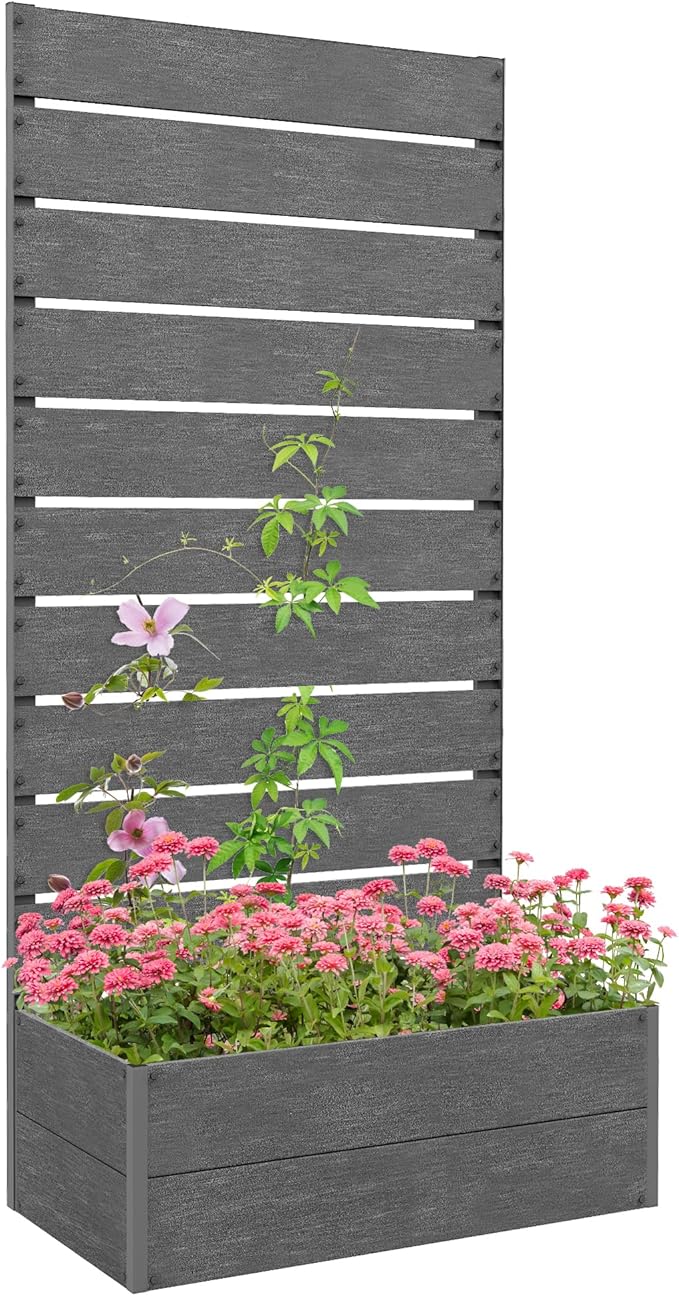 Outsunny Raised Garden Bed with Trellis for Climbing Plants, Planter Box with Self Draining Gap, Freestanding Trellis Planter for Outdoor, Patio, Deck, 28.25" x 15" x 59", Gray Outsunny