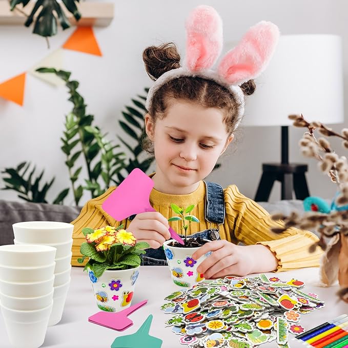 Cinrobiye 30 Set Garden Paper Pot Craft Kit，DIY Flower Plant Crafts with 216 Foam Stickers Watercolor Pens Plastic Plant Tags for Spring Summer Gardening Art Project Classroom Party Activities (Big) Cinrobiye