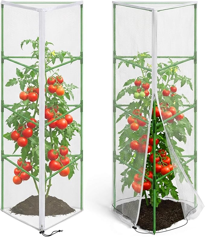 2 Pcs Garden Bird Netting for Triangle Plant Cage, 59" x 20" x 20" Tomato Cage Garden Net Cover with Zipper, Tomato Trellis Insect Bird Barrier Protection Mesh for Vertical Climbing Plant Vegetable PurpleStar