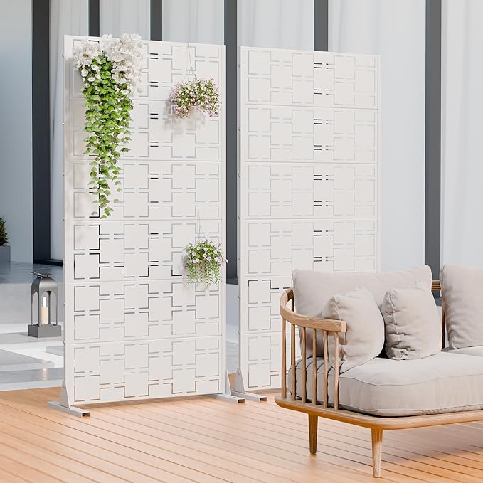 Casaphoria Metal Privacy Screen Outdoor, 72" H x 35" W Freestanding Decorative Privacy Screen for Patio Deck Balcony Garden with Stable Base, White-Square Casaphoria