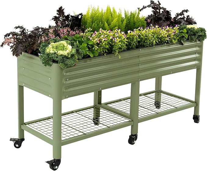 Rolling Elevated Raised Garden Bed-V Series, 2' x 6' Garden Beds with Legs & Storage Rack for Patio & Porch, 1000 Lbs Weight Capacity, Outdoor Planter Box for Vegetables Flower Herbs, Olive Green VegoGarden
