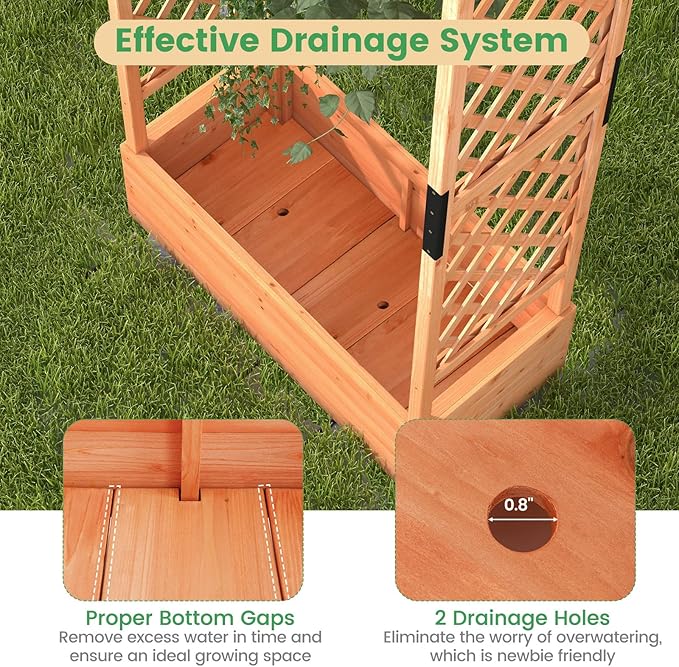 Giantex 2 Pcs Raised Garden Bed with Trellis & Hanging Roof, Wood Planter Box with Bottom & Drainage Holes, Freestanding Garden Planter for Flower Vegetable Fruit Herb Climbing Vines, 43.5"x17.5"x72" Giantex