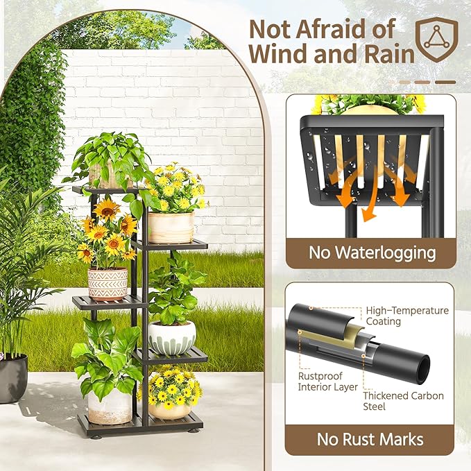 LASZOLA 4 Tier Plant Stand Indoors Outdoors for Large Heavy Duty Planter, Black Metal Tall Flower Holder Rack with Multiple Shelf for Modern Patio Corner, Vertical Organizer, Weather Resistant Bracket LASZOLA