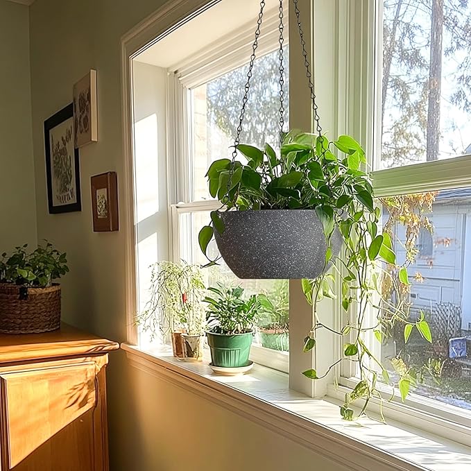 T4U Hanging Planters for Indoor Plants, 10 Inch Hanging Planter Outdoor 2 Pack, Hanging Basket with Drainage Holes, Hanging Plant Holder Indoor, Flower Pots, Plant Pots for Garden, Grey T4U
