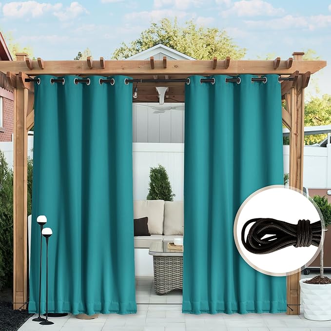NICETOWN 2 Panels Weighted Blackout Outdoor Curtains for Patio Waterproof, Grommet & Back Tab on top and Bottom Windproof Privacy Thermal Drapes for Deck with Fixed Rope, W52 x L95, Peacock Teal NICETOWN