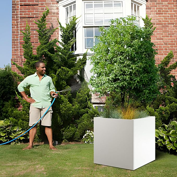 White Steel Planter Square Outdoor Planters Galvanized Steel Planter Box 26 Inch Indoor Metal Large Planters Cube Heavy Duty Flower Pot Modern Commercial Residential for Trees Patio Yard Garden GZGNEEVL