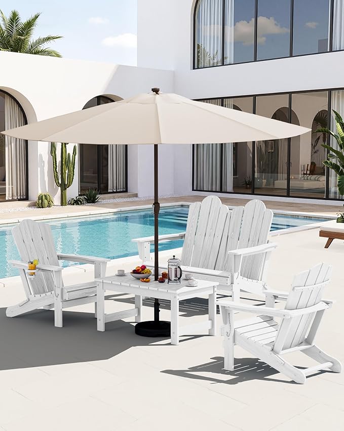 SERWALL Outdoor Coffee Table with 9FT Umbrella, HDPE Patio Coffee Table for Outside, Rectangle, White(Not Include Umbrella Base) SERWALL