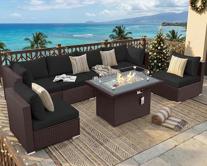 NICESOUL 7 Piece Outdoor Patio Furniture Set with Fire Pit Table Natural Gas/Propane, Tall Wide Deep Sectional Couch Sofa for Outside, 29.3'' High Back Backyard Sitting, Brown Rattan and Black Cushion NICESOUL