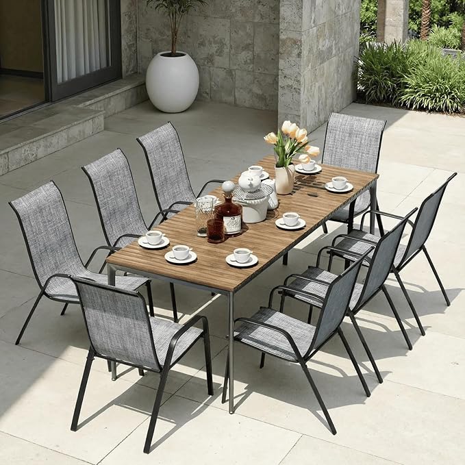 MAMIZO Patio Dining Chairs, Stackable All Weather Teslin Chair, Heavy Duty Outdoor Breathable Chairs Set, w/Armrests, Upgraded Chair FeetW/Strenthened Iron Spacers, 330 LBS (8, Grey) MAMIZO