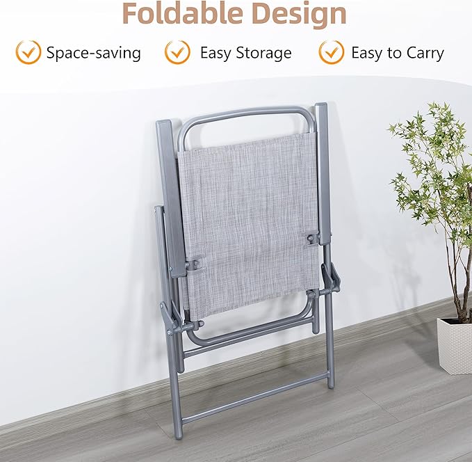 Vongrasig 6 Pieces Folding Patio Dining Set, All Weather Small Metal Outdoor Table and Chair Set, Garden Patio Furniture Set w/Umbrella, Glass Table & 4 Folding Chairs for Lawn, Backyard, Silver Vongrasig