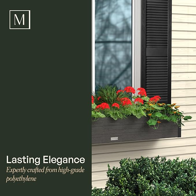 Mayne Horizon 5FT Window Box Planter – Modern Rectangular Faux Wood Grain Design for Windows, Durable All-Season Outdoor Flower Box with Drainage, Easy Installation Mayne