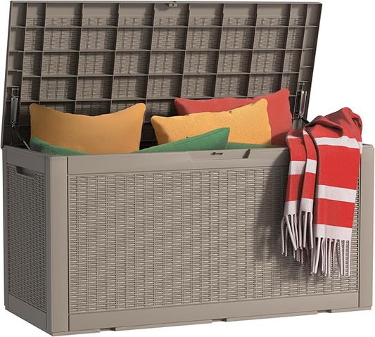 120 Gallon Outdoor Deck Box, Lockable Waterproof Outdoor Storage Boxes For Garden Tools,Indoor Cushions,Accessories Outside Storage Resin Weatherproof Container(Grey) MAIUSCOLI