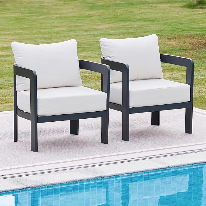 Outdoor Furniture Set, 2Pcs Patio Armchairs, Metal Modern Outside Furniture with 6'' Thick Cushions, Outdoor Conversation Set Balcony Chairs for Backyard, Porch,Deck, White COMLAXFIELD