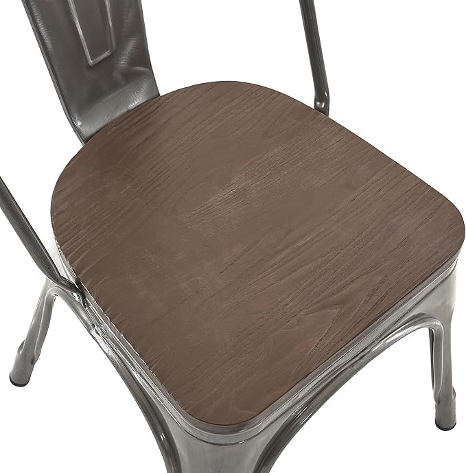 Nazhura Metal Dining Chair Farmhouse Tolix Style for Kitchen Dining Room Patio, 18 Inch, Stackable, Waterproof Indoor/Outdoor (Sets of 4) (Brushed Metal with Wood Padding) NazhuraGoodCompanionAtHome
