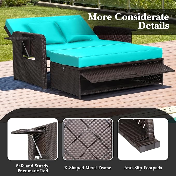 Nightcore Wicker Patio Outdoor Daybed, Outdoor Chaise Lounger w/ 4-Level Adjustable Backrest, Retractable Side Trays, Storage Ottoman, Comfortable & Removable Cushions, Rattan Loveseat (Turquoise) Goplus