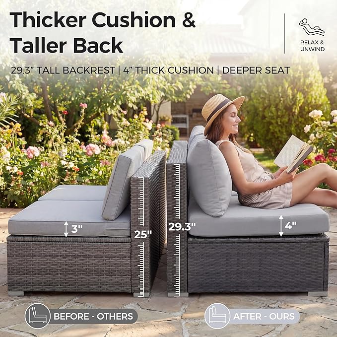 NICESOUL 29.3'' High Back Outdoor Patio Furniture Set with Firepit Natural Gas & Propane, 9 Piece Extra Large Conversation Set with Fire Pit Table, Modern Deep Wide Modular Wicker Sofa Couches, Gray NICESOUL