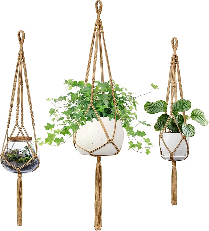 Macrame Plant Hanger - Fits 4 to 13 inches Pots for Indoor Outdoor, 34"/41"/46" 3 Sizes Set, Brown (POTS NOT Included) IDEEEPAN
