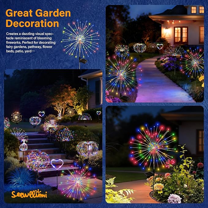 Solar Garden Lights Outdoor Decorative, 2pack 120 LED Firework Lights Waterproof，Solar Fairy Lights for Outside,Garden,Yard, Patio,Pathway,Flowerbed,Party(Multicolor) Rootora