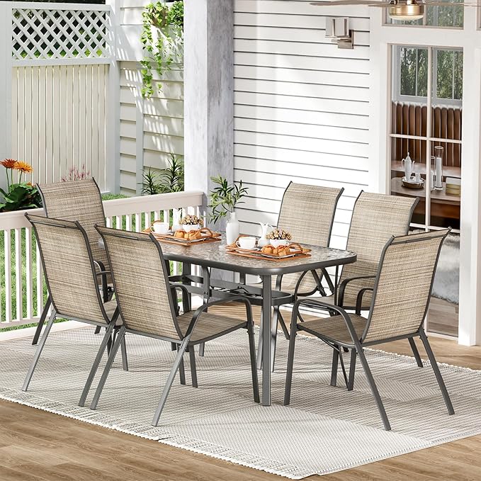 TLSUNNY 7 Pieces Patio Dining Set, Outdoor Table and Chairs W/1.69″ Umbrella Hole, 30"X 55" Table and Stackable Textilene Chair, All Weather Patio Furniture Set (Umbrella not Included) (Brown) TLSUNNY