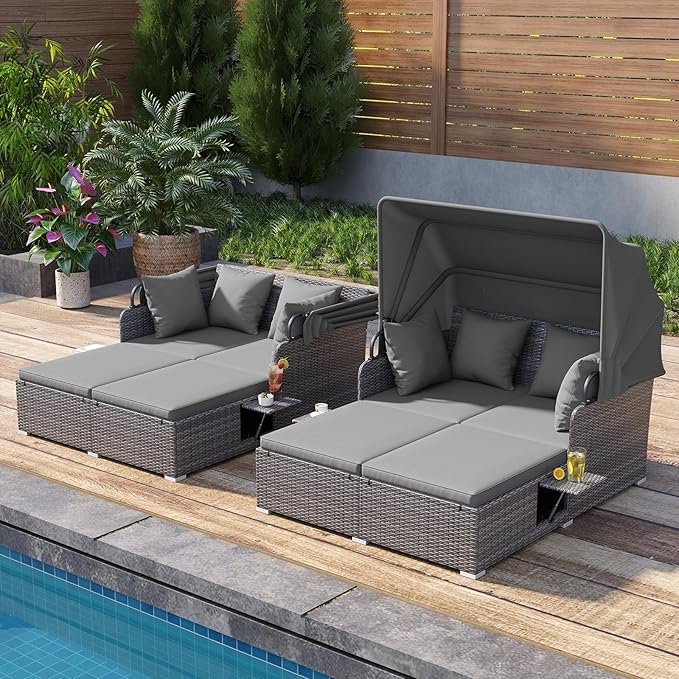 Tangkula Patio Rattan Daybed with Retractable Canopy, Outdoor Wicker Sunbed Lounger with 2 Foldable Side Tables, Thick Seat & Back Cushions, Outside Double Daybed for Garden, Backyard, Porch, Grey TANGKULA
