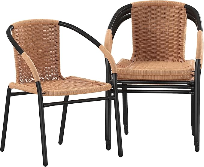 EMMA + OLIVER Set of 4 Modern Rattan Indoor/Outdoor Stack Chairs, Stacking Rattan Patio Chairs with Curved Back and Cross Bracing, Beige EMMAOLIVER