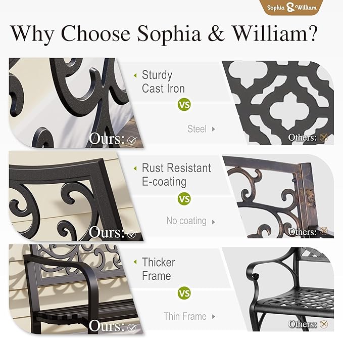 Sophia & William Outdoor Bench, Metal Garden Bench, Cast Iron Park Benches for Outside with Floral Design Backrest, Black SophiaWilliam