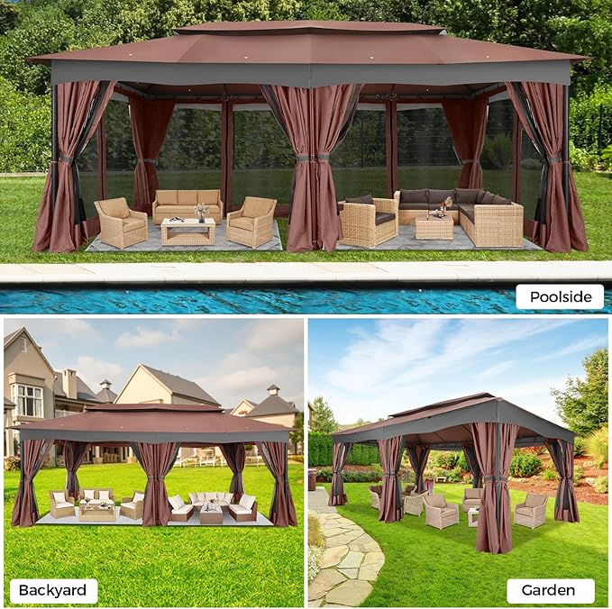 COBIZI Gazebo 12x20 Heavy Duty Gazebos with Curtain and Netting Outdoor Gazebo Canopy Double Roof Patio Gazebos with Metal Steel Frame for Patio, Deck, Backyard-Brown COBIZI