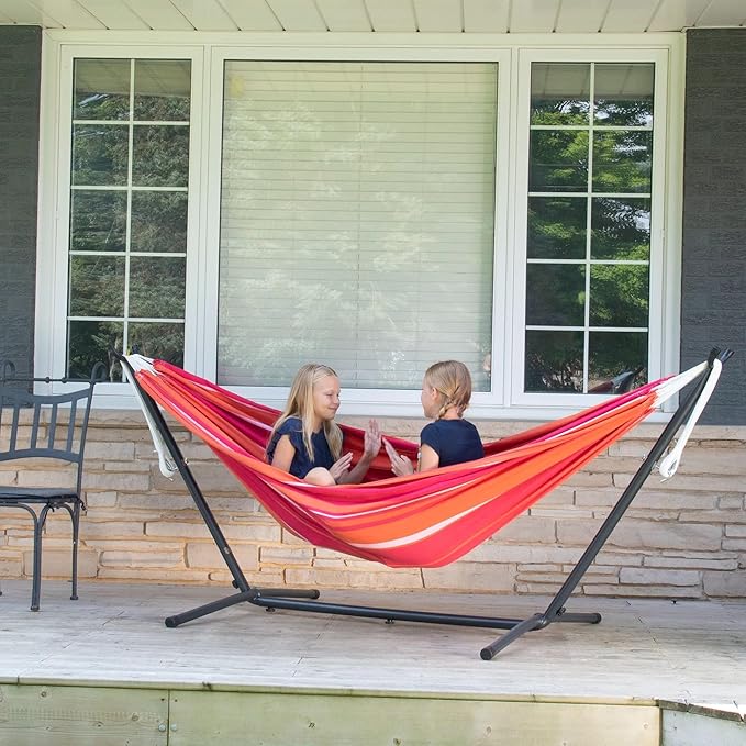 Vivere Double Cotton Hammock with Space Saving Steel Stand, Upgraded Polyester End Strings 450 lb Capacity - Premium Carry Bag Included - USA Grown Cotton (Mimosa) Vivere