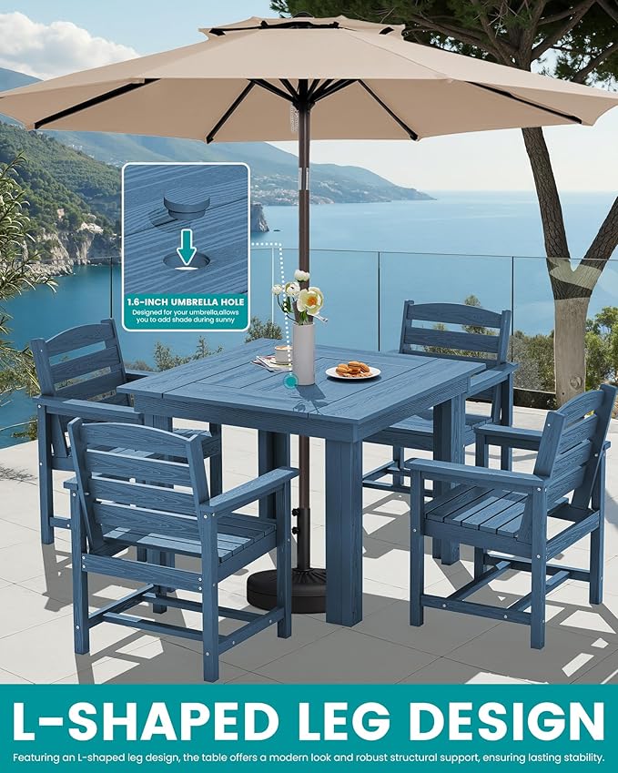 SERWALL Outdoor Dining Set for 4, HDPE Square Table and Chairs Set All Weather Patio Dining Set, 5-Piece Patio Dining Furniture for Deck, Blue SERWALL