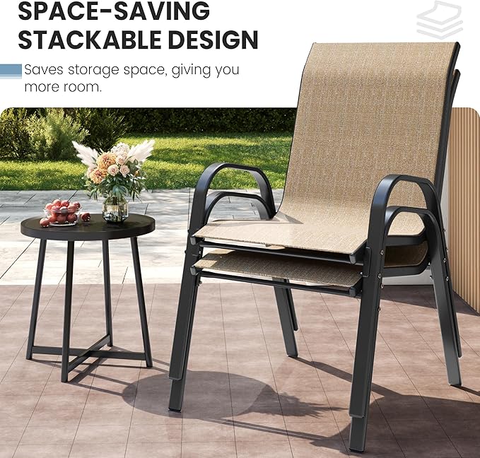 Patio Dining Chairs Set of 4, Outdoor High Stacking Chairs for All Weather, Breathable Seat Fabric and Alloy Steel Frame for Backyard, Porch, Garden (Brown) VonzoyHome