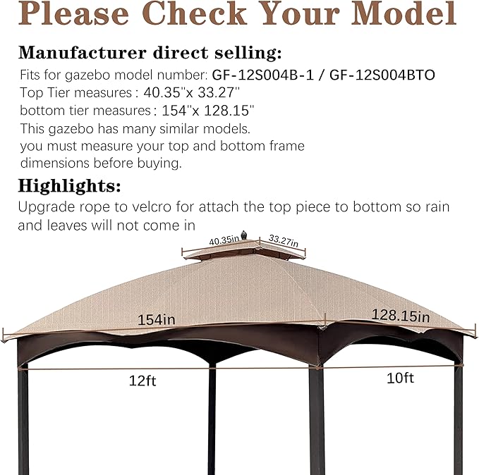 SCOCANOPY Light Beige Ripstop Replacement Top for Lowe's Allen Roth 10X12 Gazebo Model #GF-12S004B-1/ GF-12S004BTO SCOCANOPY