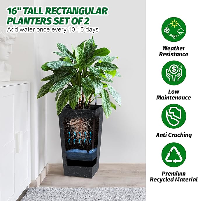 GarveeLife 22.5" Tall Planters Set of 2, Outdoor&Indoor Black Planter Pots, High Front Porch Planter Pots With Drainage Holes&Water Level Monitor&Inner Bucket, Automatic Watering, Black and White Dots GarveeLife