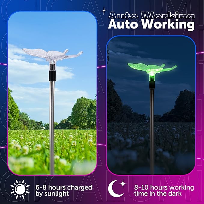 GIGALUMI Solar Garden Lights, 3 Pack Solar Butterfly Lights Decoration, Outdoor Garden Decoration Color Changing LED, Outdoor Decorative for Pathway, Lawn, Patio, Driveway GIGALUMI