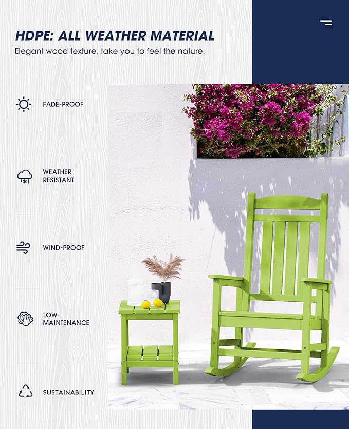 KINGYES HDPE Rocking Chairs Outdoor, Patio Rocking Chairs with 330lbs Support, Smooth Porch Rocker for Deck Lawn Yard, Pistachio Green KINGYES