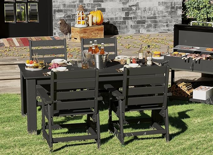 GREENVINES 5-Piece Outdoor Dining Set | HDPE | Patio Table and Chairs Sets for 4 | Patio Furniture | All Weather | Umbrella Hole | Black | for Backyard Poolside Garden GreenVines
