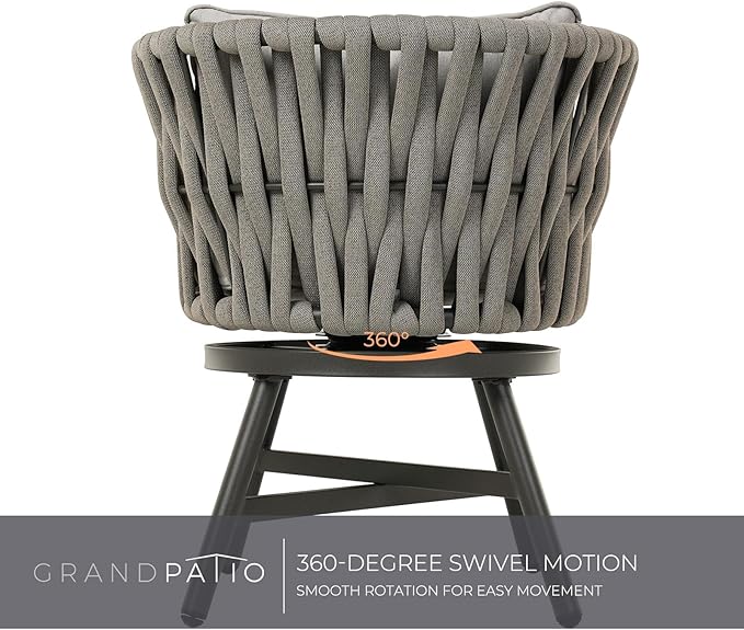 Grand patio Swivel Rope Wicker Chairs Set of 2, Patio Dining Chairs with Cushions, Wicker Armchairs Frame, Outdoor Modern Style for Backyard, Balcony, Quinn, Light Gray Brown GrandPatio