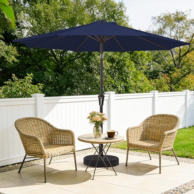 MEWAY 9ft Patio Umbrella Outdoor Table Umbrellas with Push Button Tilt and Crank, Market Umbrella 8 Sturdy Ribs for Deck, Garden, Pool and Backyard, Navy MEWAY