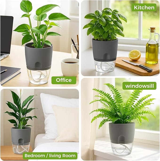 5 Pack Self Watering Pots for Indoor Plants, PlanterHoma 4 Inch Plant Pot Plastic Self Watering Planter for Orchid, African Violet, Small Clear Flower Pots with Drainage Holes and Wicking Rope, Grey Planterhoma