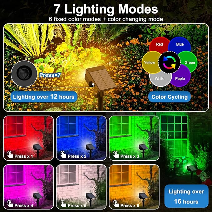 Solar Color Changing Spot Lights Outdoor Waterproof Colored RGB Solar Powered Landscape Lights for Yard 7 Lighting Modes Multicolor Solar Spotlights for Pathway Garden Outside (2 Pack) TadyrealSolarLights