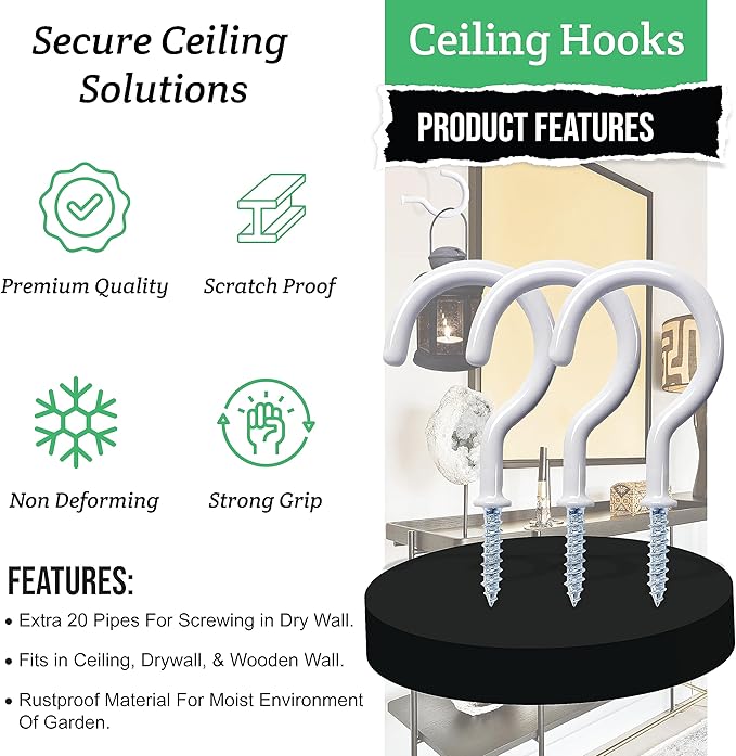 20 Pcs Ceiling Hooks for Hanging Plants - 2.9 inches Heavy Duty, Hanging Hooks for Christmas Lights, Cups, Decors - White Vinyl Coated Screw in Plant Hanger Hook Indoor and Outdoor Etoolia