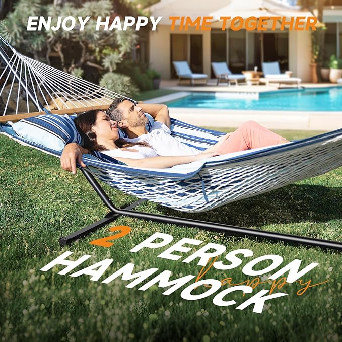 2 Person Outdoor Hammock with Stand, Cotton Rope Hammock with Polyester Pad, Adjustable Steel Frame, Portable with Carrying Bag – for Patio, Backyard, Garden, Beach, Blue Stripe Rootora