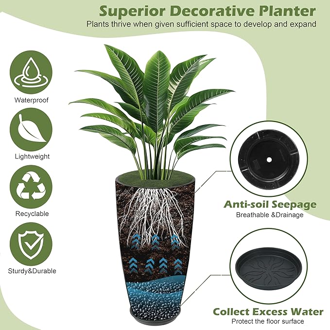 24-21-11 Inch Tall Planters Set of 3, Indoor Outdoor Blue Glossy Round Planter with Drainage Hole and Saucer, Large Decorative Plant Pots for Home Garden Porch (Blue) Goldshire