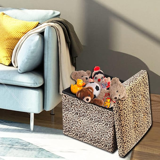 ALASDO Ottoman Storage Ottoman Footrest Stool Small Ottoman with Storage Foldable Ottoman Foot Rest Footstool Bench for Living Room 17x13x13inches Leopard Print ALASDO