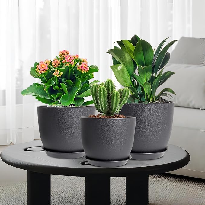 12/10/9 inch Big Flower Pots, 3 Pack Modern Decorative Plastic Planters with Drainage Holes and Tray, Plant Pots for Indoor Outdoor Plants, Black WSMKSZ