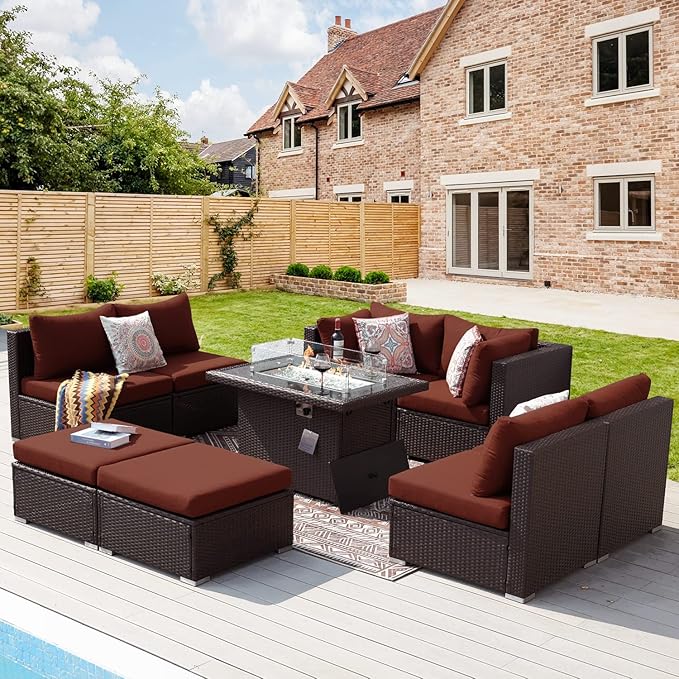 NICESOUL 9 Pcs Large Outdoor Patio Furniture Set with Firepit Natural Gas & Propane, 29.3 High Back Comfy Conversations Sofa Sets Modular, Wide Sectional for Heavy Weight, Brown Rattan and Red Cushion NICESOUL