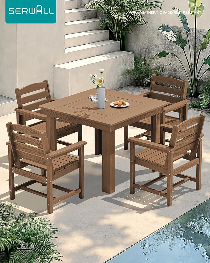 SERWALL Outdoor Dining Set for 4, HDPE Square Table and Chairs Set All Weather Patio Dining Set with 4 Classic Dining Chairs, 5-Piece Patio Dining Furniture for Deck, Brown SERWALL