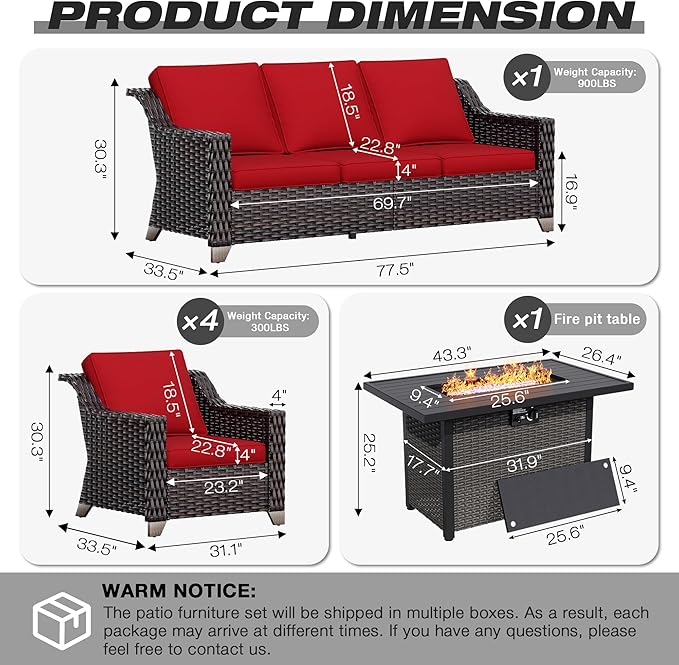 Joyside Wicker Patio Furniture Sets, 6 Pieces Upgraded Large Size Outdoor Furniture with 4 Swivel Rocking Patio Chairs, 3-Seat Sofa, Fire Table,Thick Cushions, Wide Armrest, Red Joyside