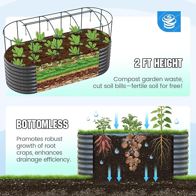 Quictent Galvanized Raised Garden Bed Kit with Self Watering System and Mesh Cover, Large Oval Metal Outdoor Planter Garden Boxes for Vegetables Herbs Flowers, 8x3x2Ft QUICTENT