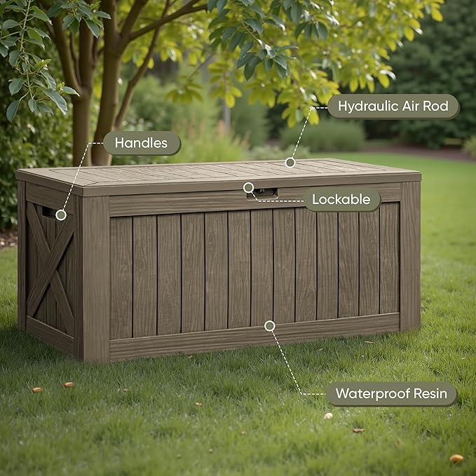 Flamaker Resin Deck Box 120 Gallon Waterproof Large Outdoor Indoor Storage Box Imitation Wood Resin for Patio Furniture Garden Tools and Pool (Brown) Flamaker